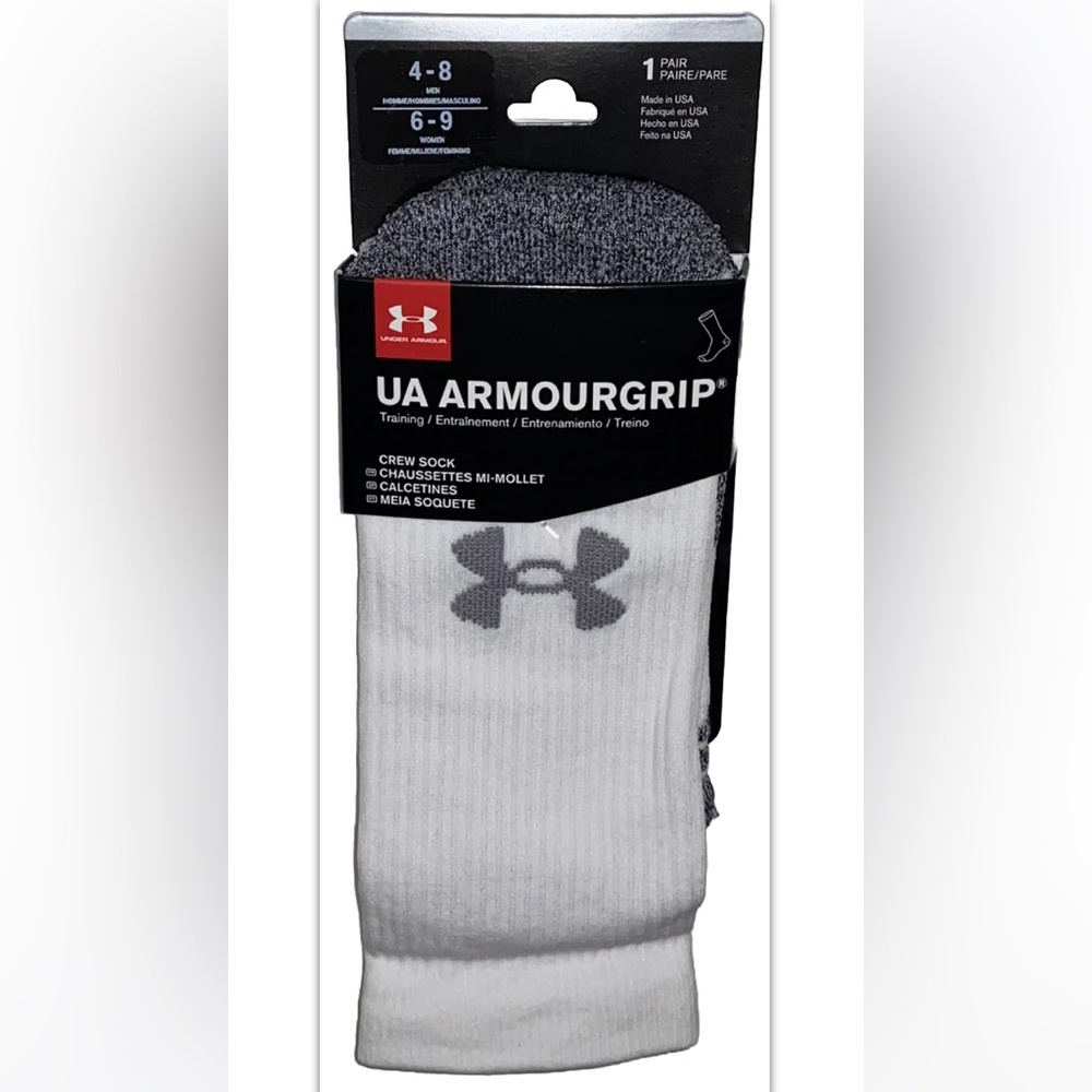 Under Armour UA ArmourGrip Crew Socks 1 Pair Men 4-8 Wmn 6-9 White w Gray Logo
